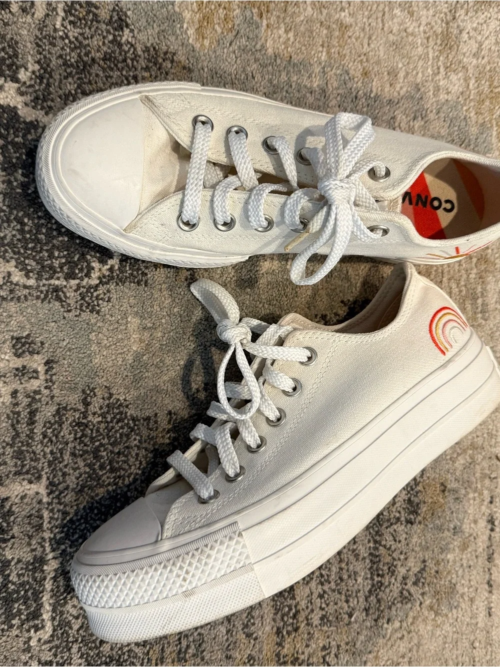 Converse White Low-Top Platform Sneakers with Rainbow Accent